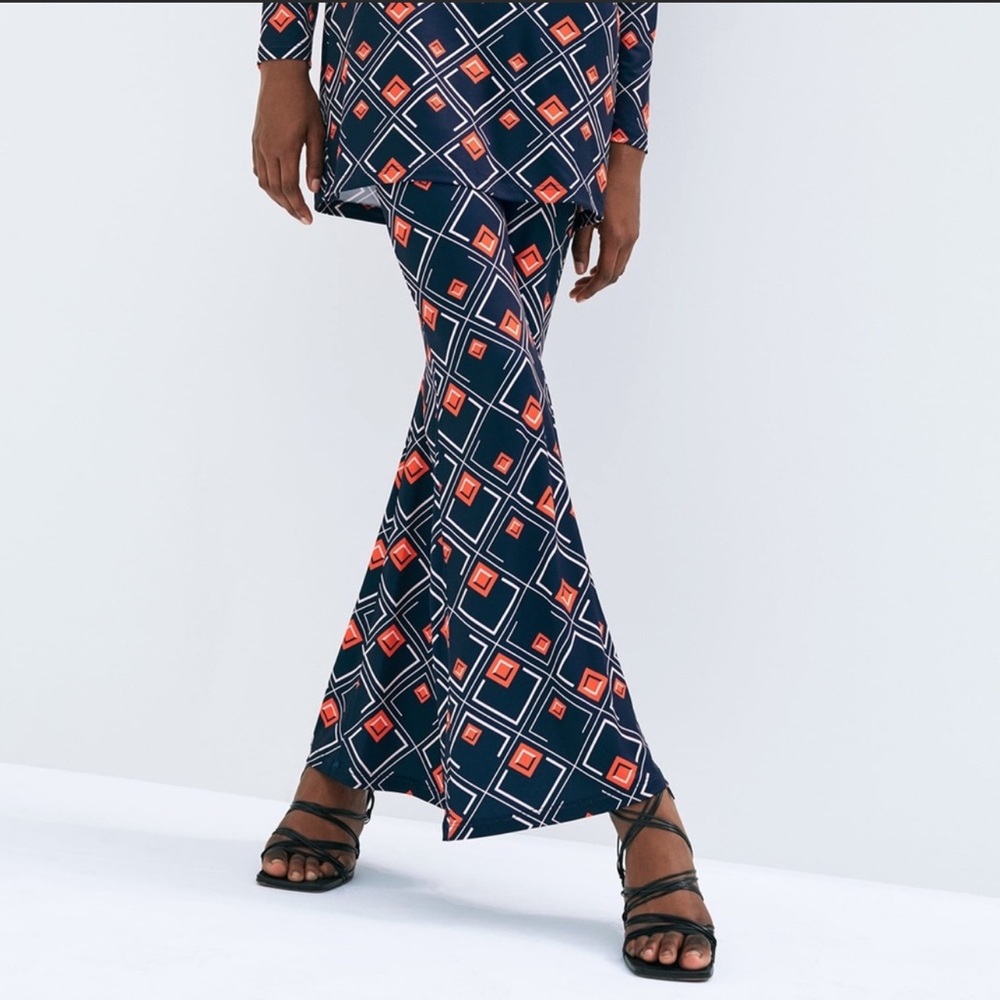ZARA blue/orange graphic print flowing wide leg flare pants nwt size s